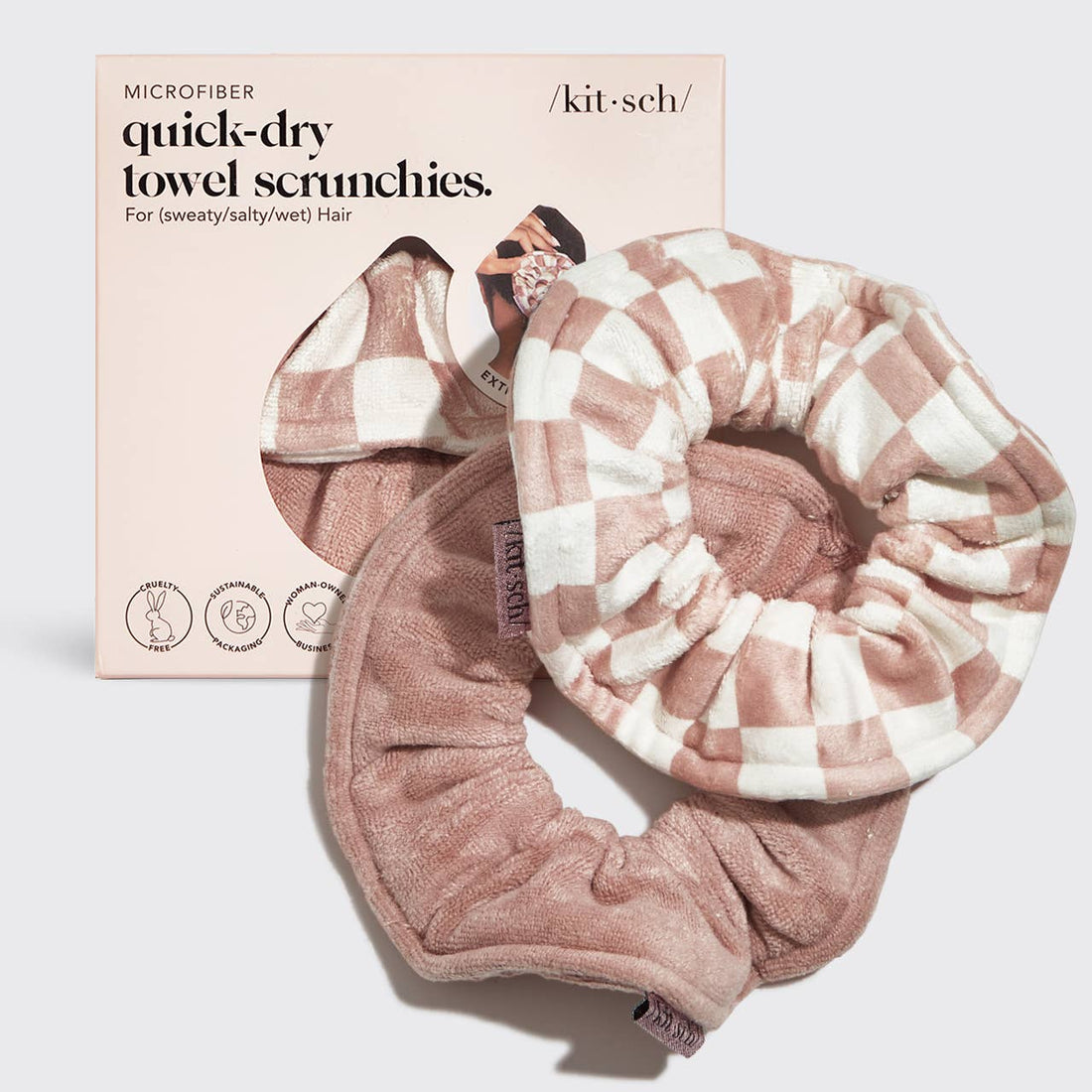 Kitsch Microfiber Terracotta Checker Quick-Dry Towel Scrunchies - 2pc