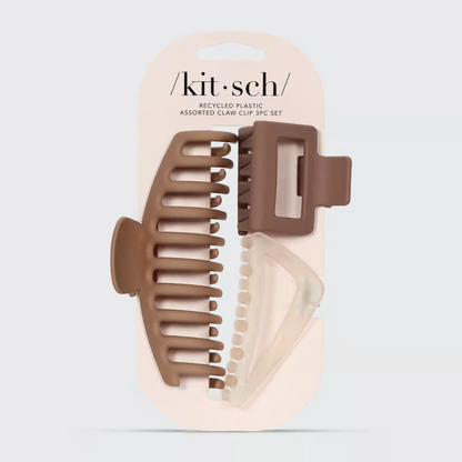 Kitsch Recycled Plastic Assorted Claw Clip 3pc Set - Brown