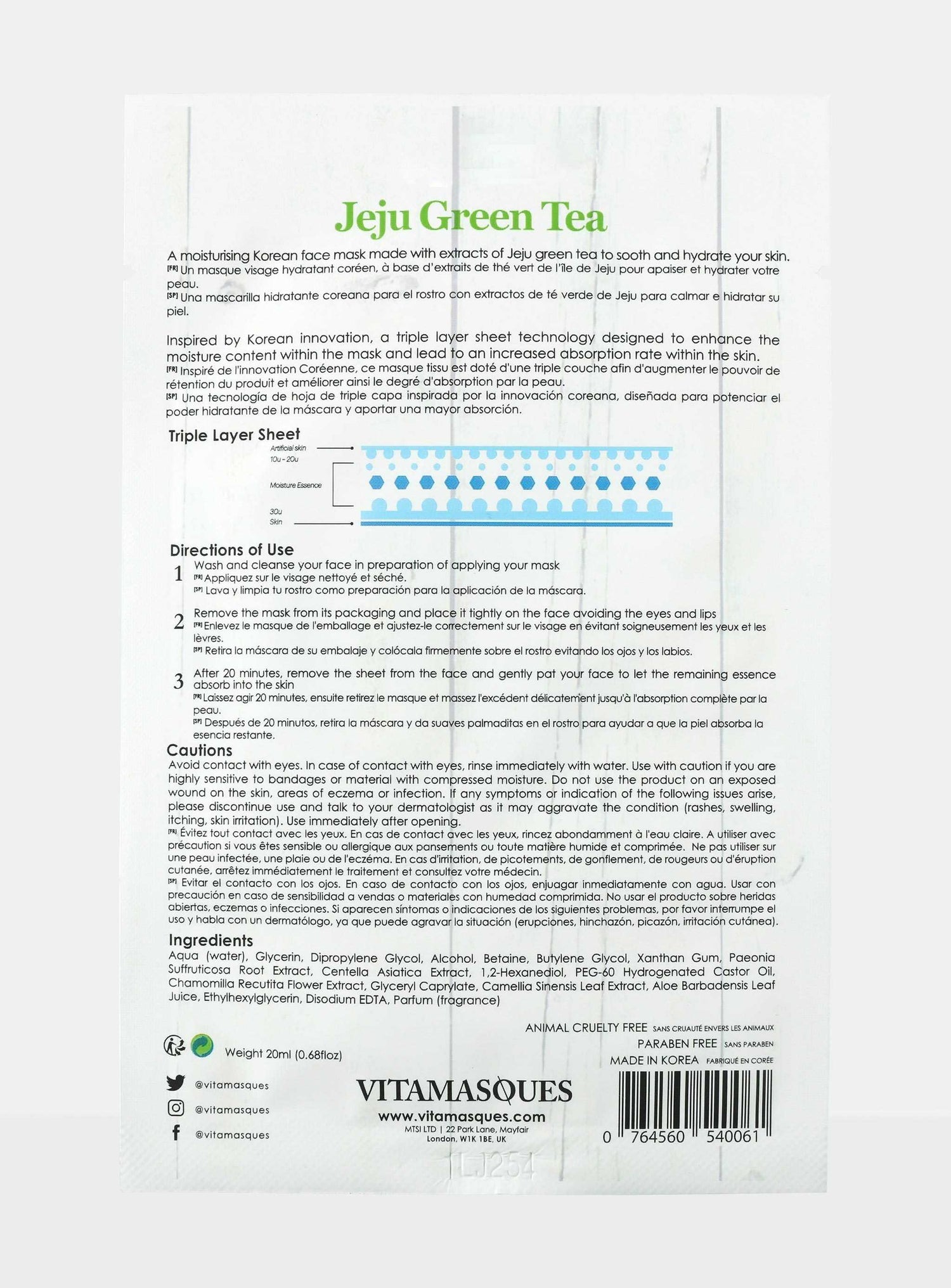 Vitamasques Jeju Green Tea Sheet Face Mask