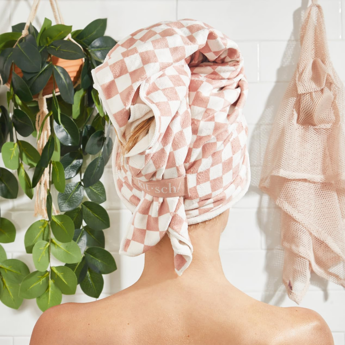 Kitsch XL Quick-Dry Hair Towel Wrap- Terracotta Checker