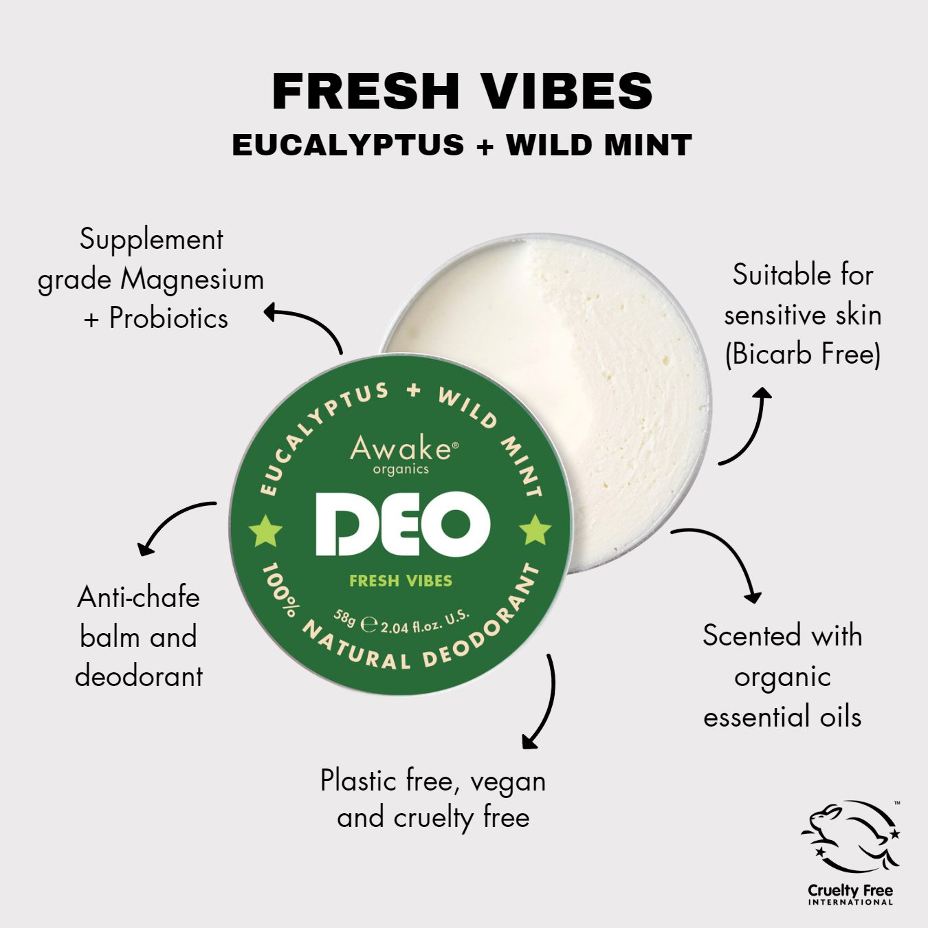 Awake Organics Deo Natural Deodorant Fresh Vibes Eucalyptus + Wild Mint 58g