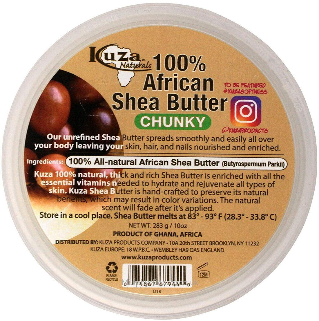 KUZA 100% PURE AFRICAN SHEA BUTTER CHUNKY 10oz